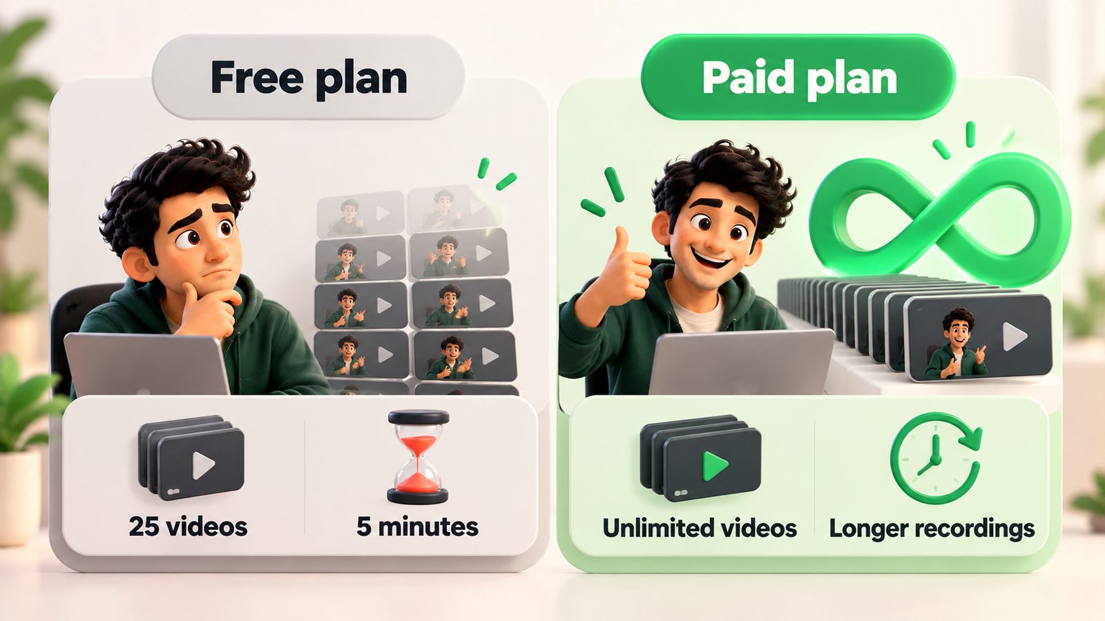 Loom free plan vs paid plan: 25 videos and 5-minute recordings vs unlimited