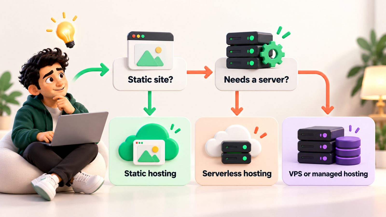 Decision flow: static site, needs a server, then static, serverless or VPS hosting