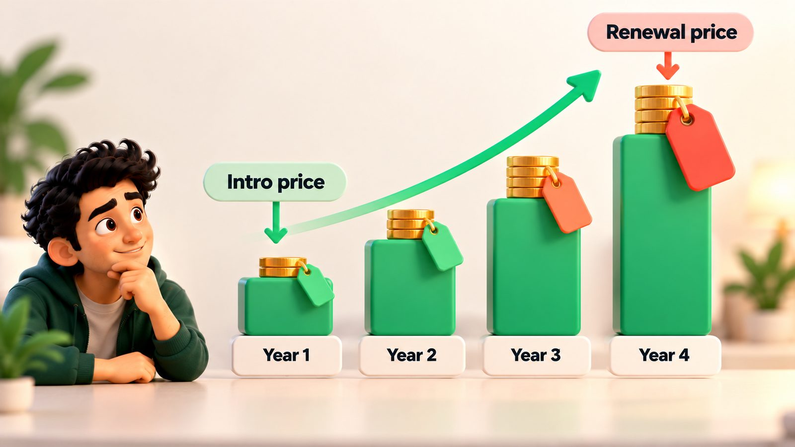 Hosting price rising from the intro price in year 1 to the renewal price in later years