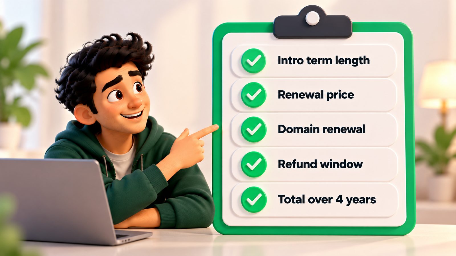 Black Friday hosting checklist: intro term length, renewal price, domain renewal, refund window, total over 4 years