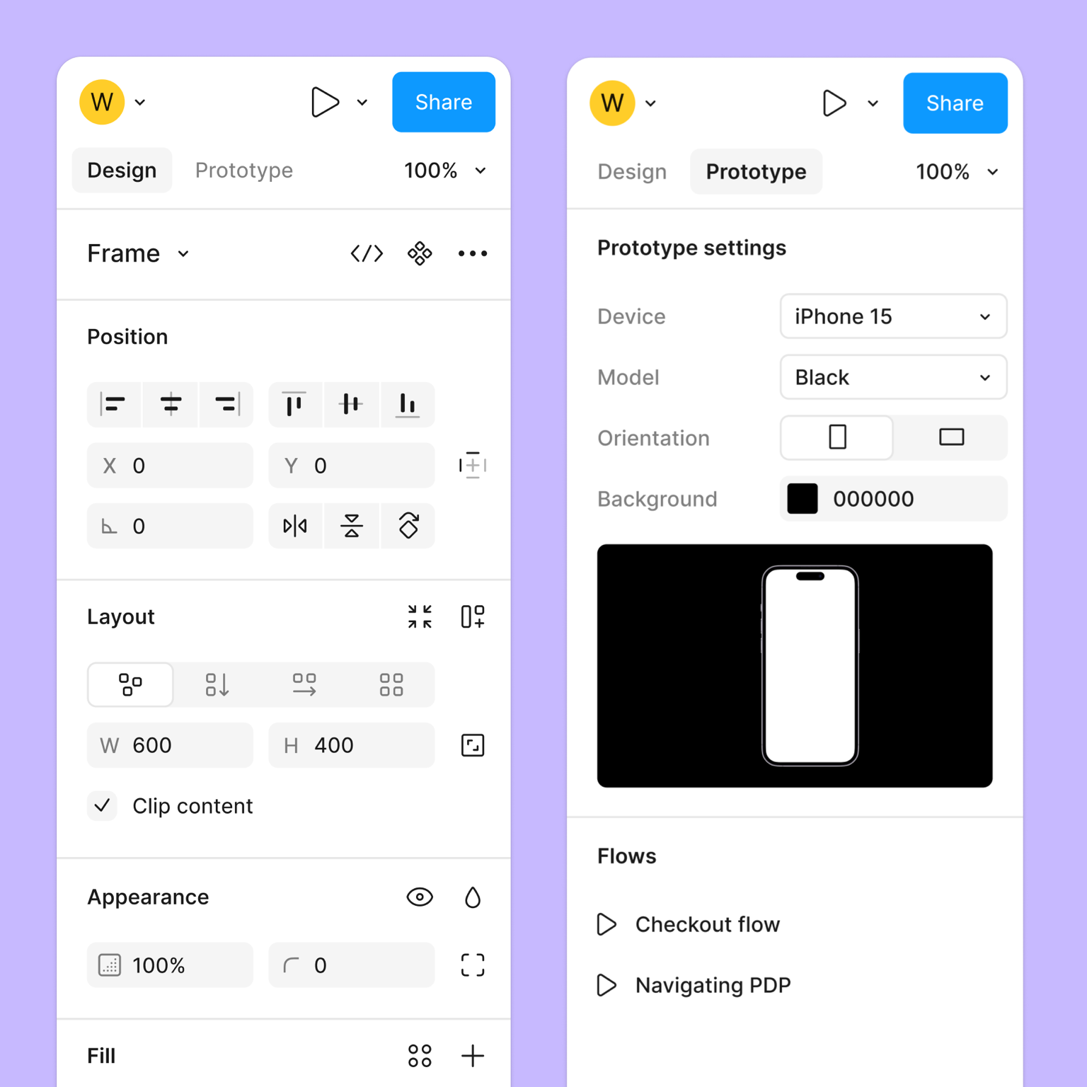 Figma's Design and Prototype panels side by side