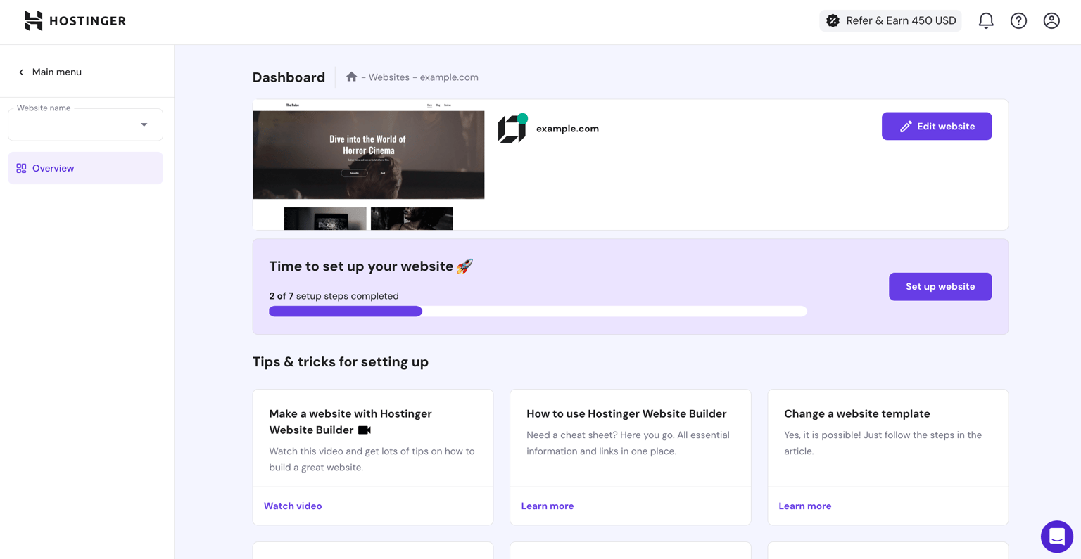 Hostinger Website Builder dashboard with a site preview, setup progress bar, and tips for setting up
