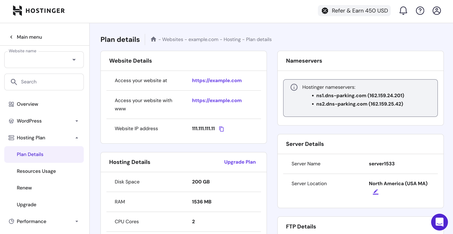 Hostinger hPanel Plan details page showing website details, nameservers, disk space, RAM, and server location