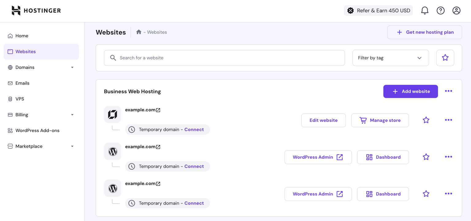 Hostinger hPanel Websites screen listing hosted sites with Edit website and WordPress Admin actions