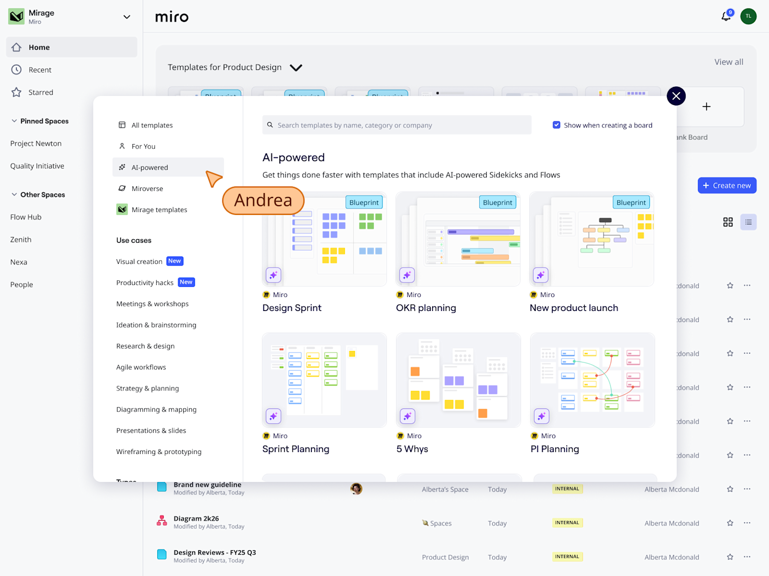 Miro's dashboard with the template picker open
