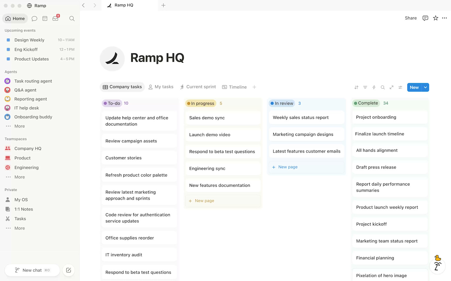 The Notion workspace with a company hub and kanban-style task board